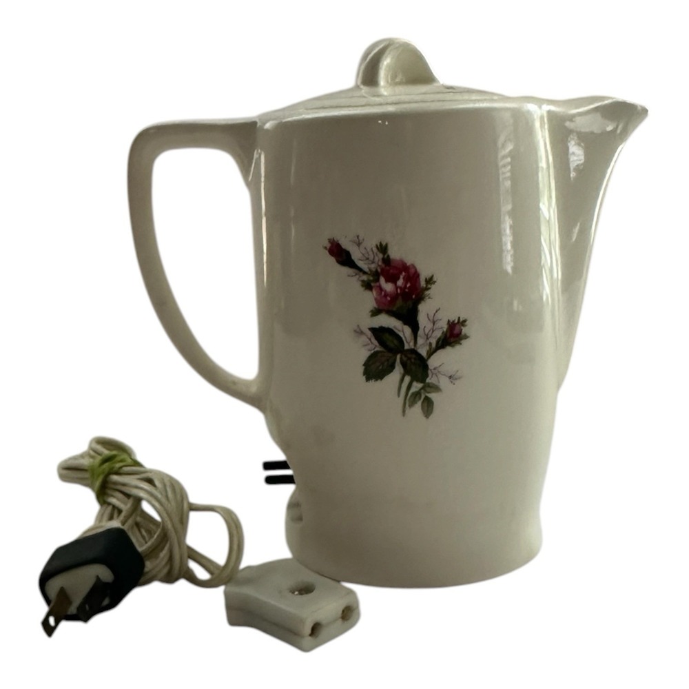 Vintage Japan Ceramic Electric Tea Coffee Pot Pink Roses 120V 350W w/Cord - Picture 8 of 10
